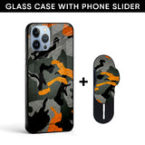 Camouflage Orange Glass case with Slider Phone Grip Combo