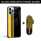 Black And Yellow Stripes Glass case with Slider Phone Grip Combo