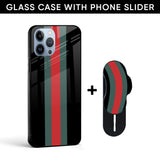 Branded Stripe Glass case with Slider Phone Grip Combo