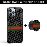 Branded Texture Glass case with Round Phone Grip Combo
