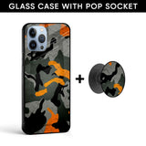 Camouflage Orange Glass case with Round Phone Grip Combo