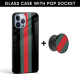 Branded Stripe Glass case with Round Phone Grip Combo