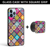 Colorful Mandala Glass case with Square Phone Grip Combo