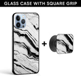White Texture Marble Glass case with Square Phone Grip Combo