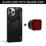 Carbon Fibre Texture Glass case with Square Phone Grip Combo