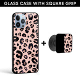 Half Leopard Half Black Glass case with Square Phone Grip Combo