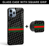 Branded Texture Glass case with Square Phone Grip Combo