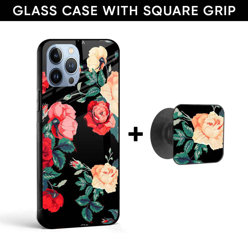 Floral Bunch Glass case with Square Phone Grip Combo