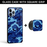 Dark Army Blue Glass case with Square Phone Grip Combo
