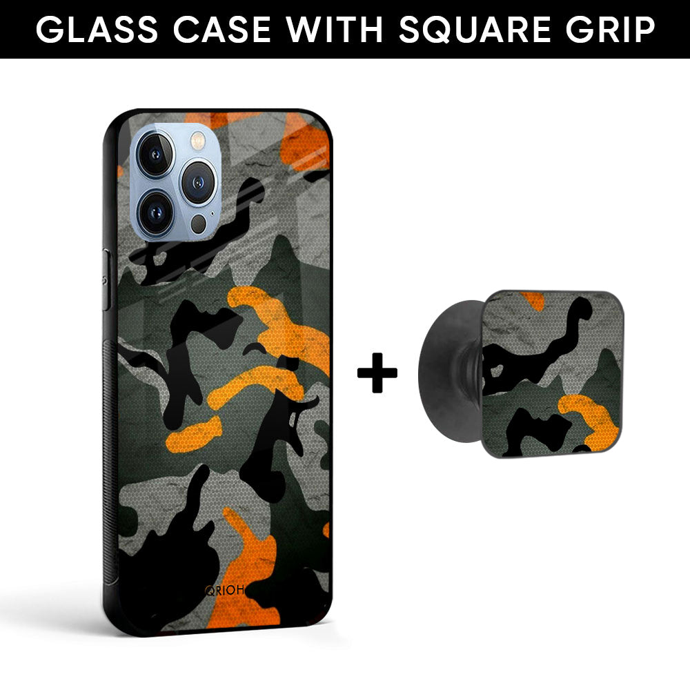 Camouflage Orange Glass case with Square Phone Grip Combo