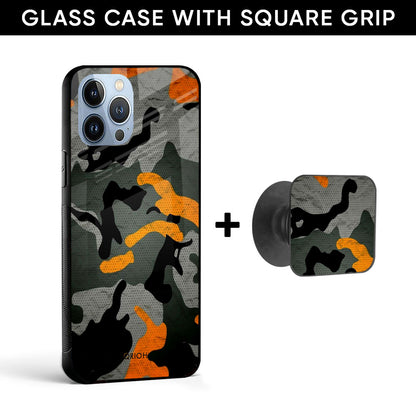 Camouflage Orange Glass case with Square Phone Grip Combo