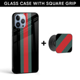 Branded Stripe Glass case with Square Phone Grip Combo