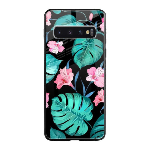 Tropical Leaves & Pink Flowers Samsung Galaxy S10 Glass Cases & Covers Online