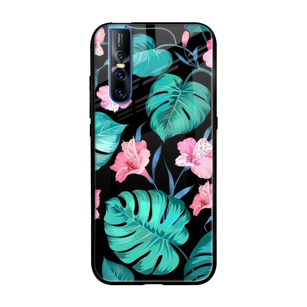 Tropical Leaves & Pink Flowers Vivo V15 Pro Glass Cases & Covers Online