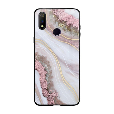 Pink & Gold Gllitter Marble Realme 3 Pro Glass Back Cover Online