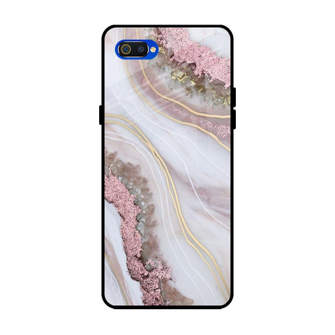 Pink & Gold Gllitter Marble Realme C2 Glass Back Cover Online