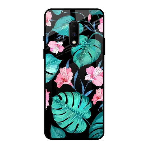 Tropical Leaves & Pink Flowers OnePlus 7 Glass Back Cover Online