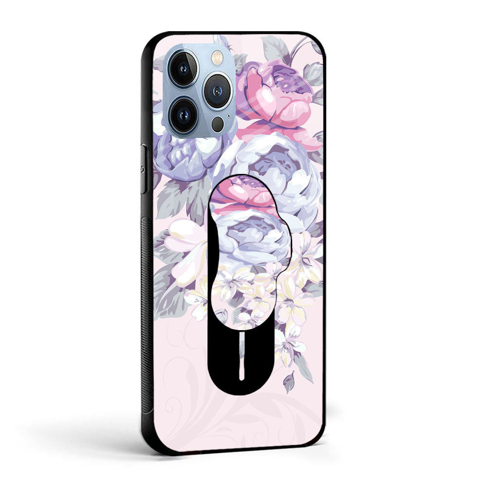 Elegant Flower Glass case with Slider Phone Grip Combo