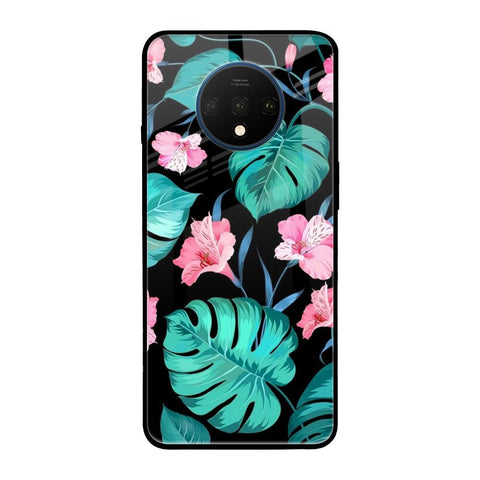 Tropical Leaves & Pink Flowers OnePlus 7T Glass Back Cover Online