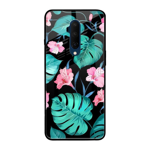Tropical Leaves & Pink Flowers OnePlus 7T Pro Glass Back Cover Online