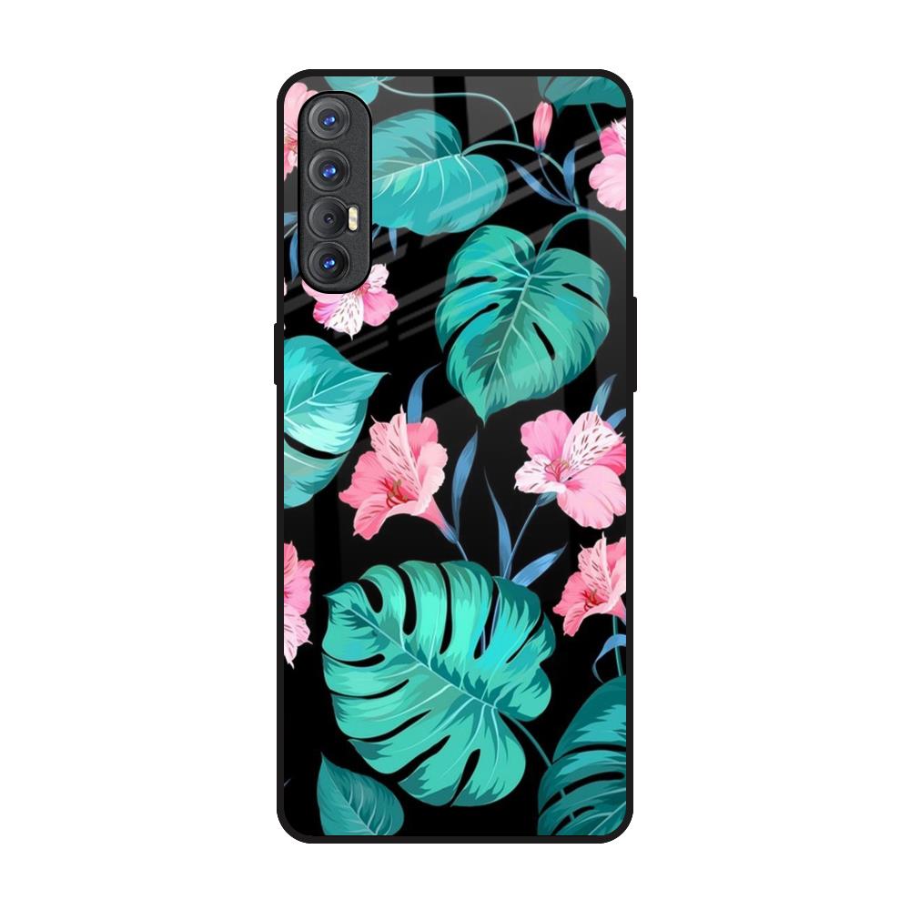 Tropical Leaves & Pink Flowers Oppo Reno 3 Pro Glass Back Cover Online