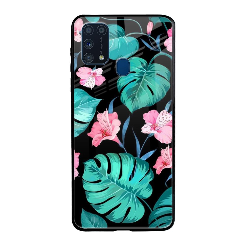 Tropical Leaves & Pink Flowers Samsung Galaxy M31 Glass Back Cover Online