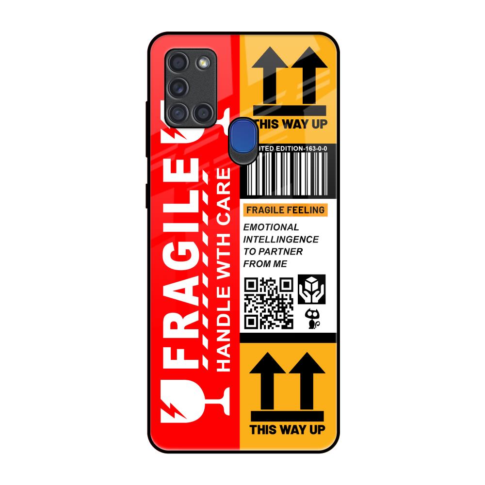 Handle With Care Samsung A21s Glass Back Cover Online