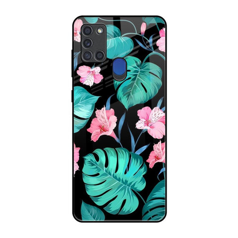 Tropical Leaves & Pink Flowers Samsung A21s Glass Back Cover Online