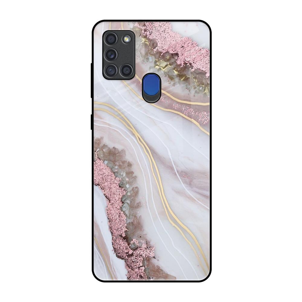 Pink & Gold Gllitter Marble Samsung A21s Glass Back Cover Online