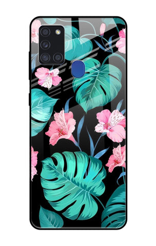 Tropical Leaves & Pink Flowers Samsung Galaxy A21s Glass Cases & Covers Online