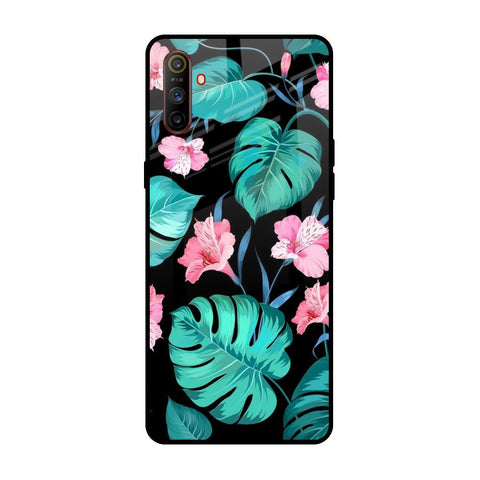 Tropical Leaves & Pink Flowers Realme C3 Glass Back Cover Online