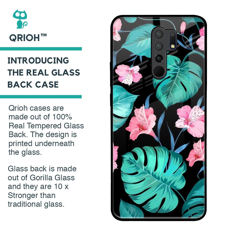 Tropical Leaves & Pink Flowers Glass Case for Redmi 9 prime