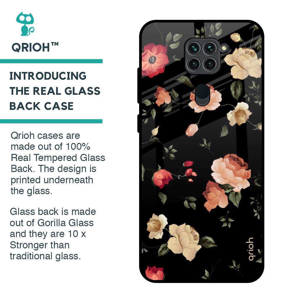 Black Spring Floral Glass Case for Redmi Note 9