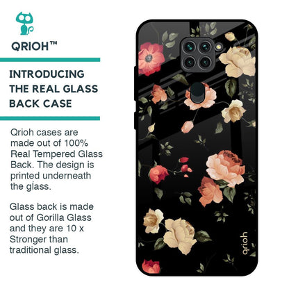 Black Spring Floral Glass Case for Redmi Note 9