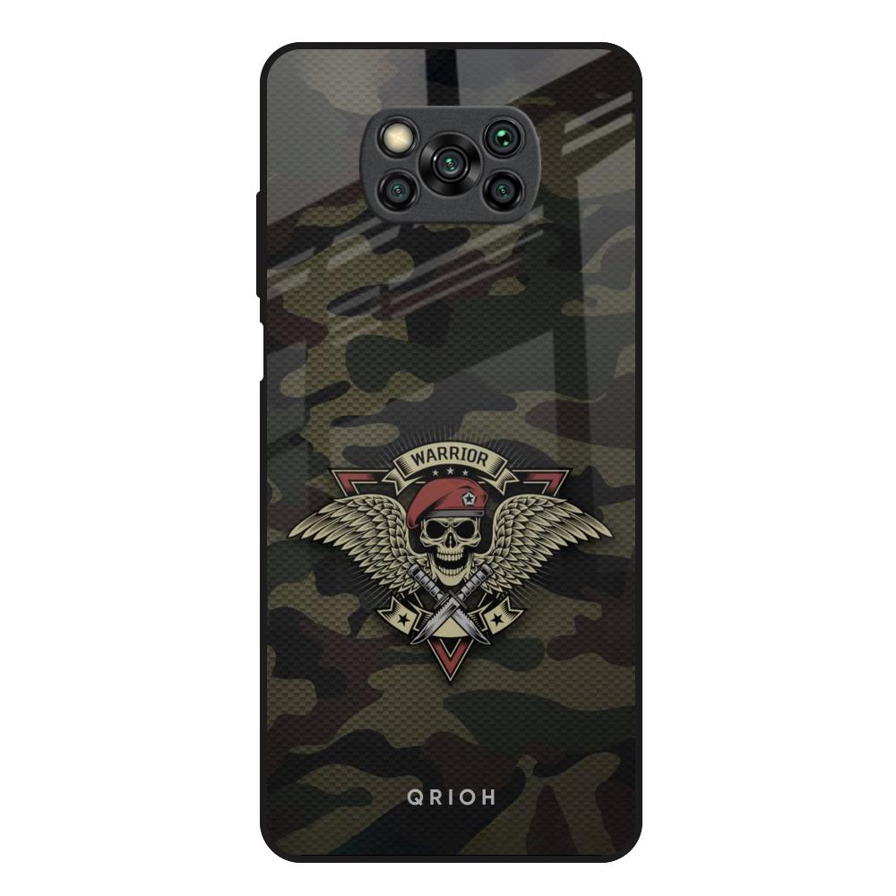 Army Warrior Poco X3 Glass Back Cover Online
