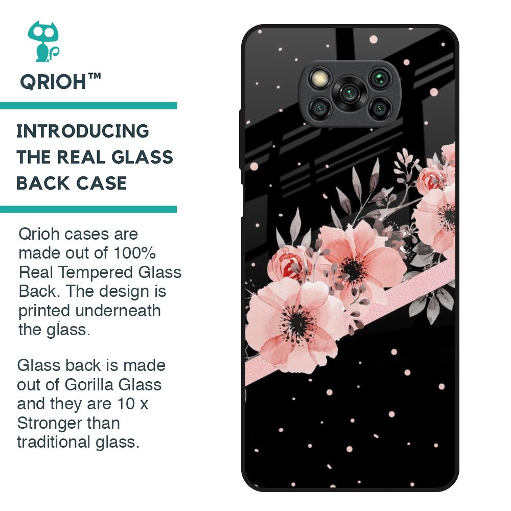 Floral Black Band Glass Case For Poco X3