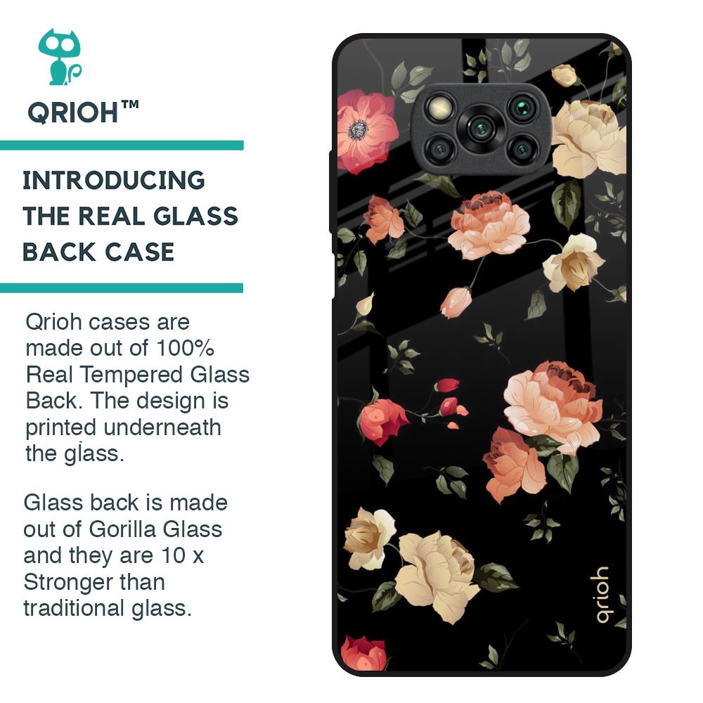 Black Spring Floral Glass Case for Poco X3