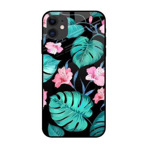 Tropical Leaves & Pink Flowers iPhone 12 Glass Back Cover Online