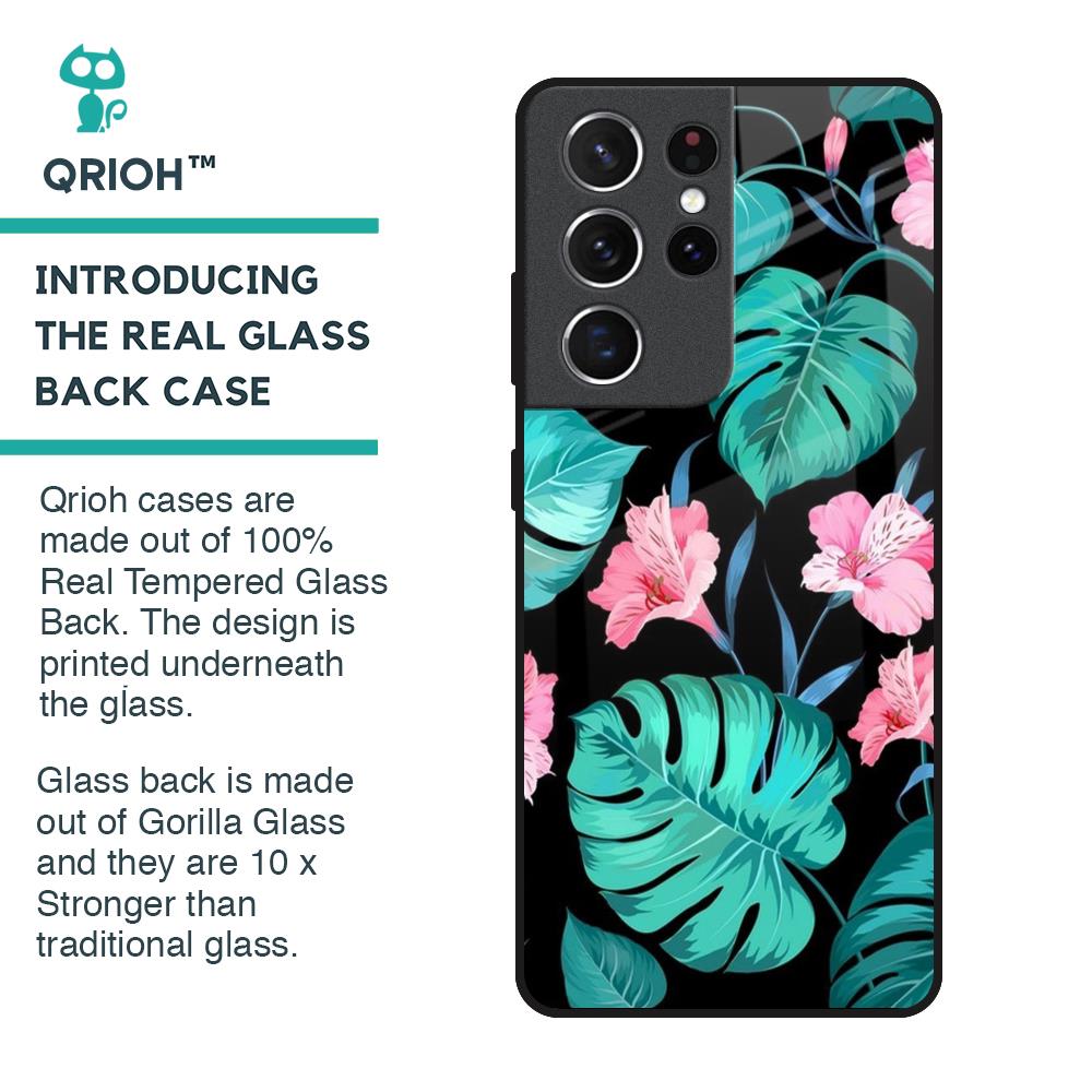 Tropical Leaves & Pink Flowers Glass Case for Samsung Galaxy S21 Ultra