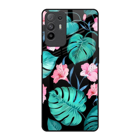 Tropical Leaves & Pink Flowers Oppo F19 Pro Plus Glass Back Cover Online