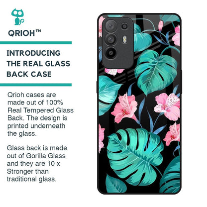 Tropical Leaves & Pink Flowers Glass Case for Oppo F19 Pro Plus