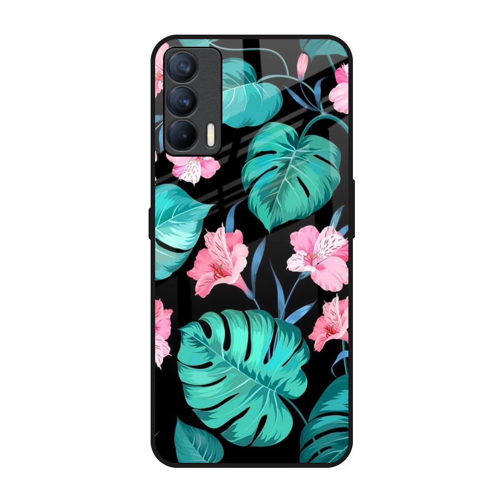 Tropical Leaves & Pink Flowers Realme X7 Glass Back Cover Online