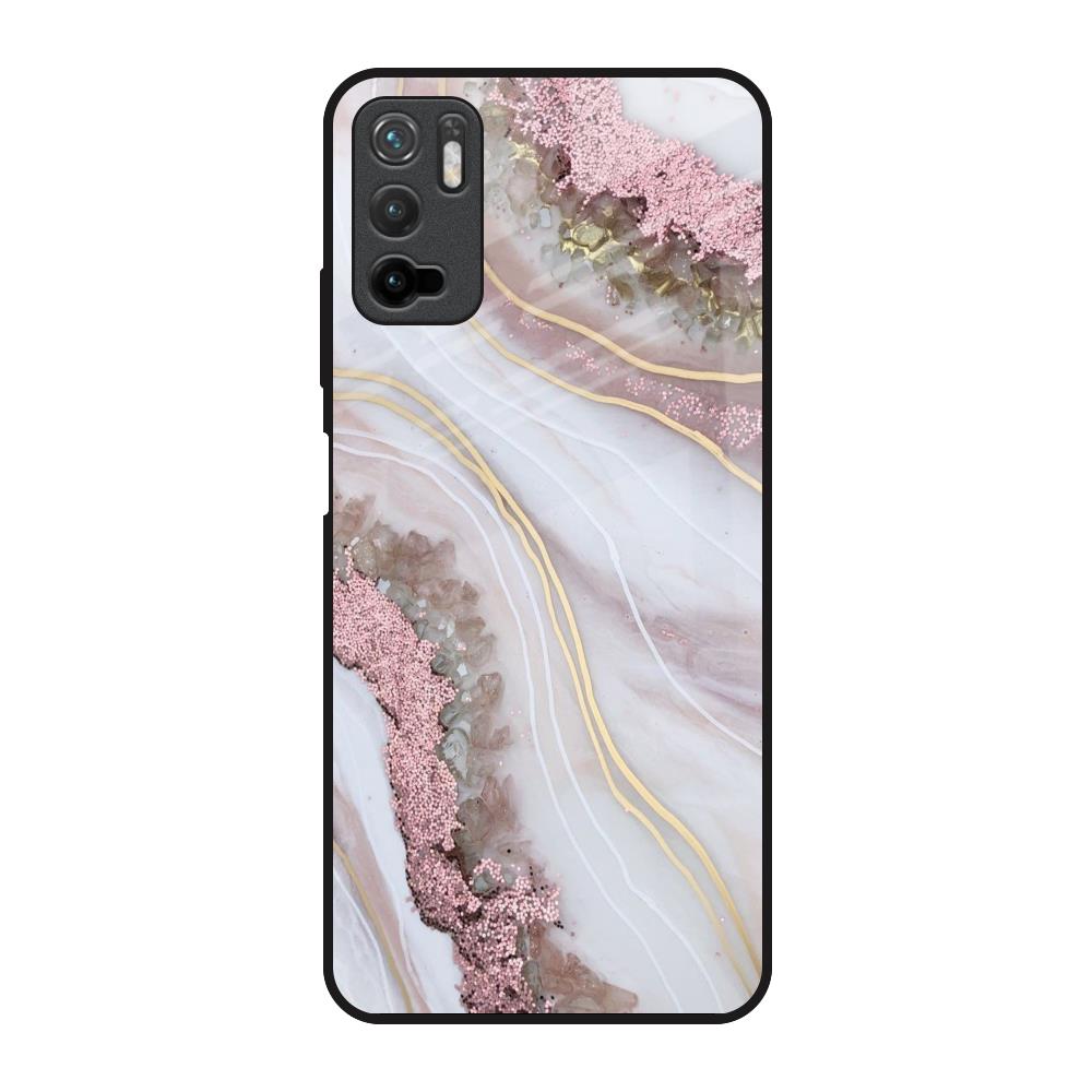 Pink & Gold Gllitter Marble Poco M3 Pro Glass Back Cover Online