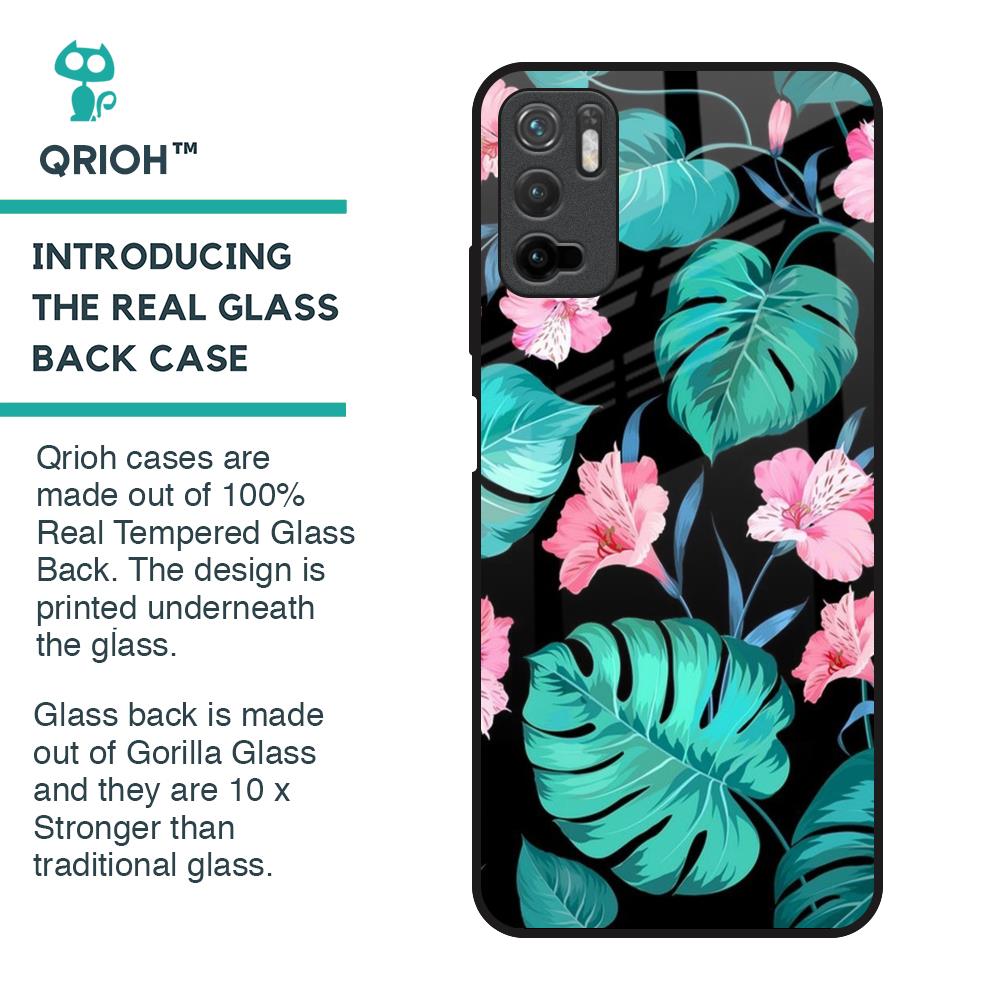 Tropical Leaves & Pink Flowers Glass Case for Poco M3 Pro