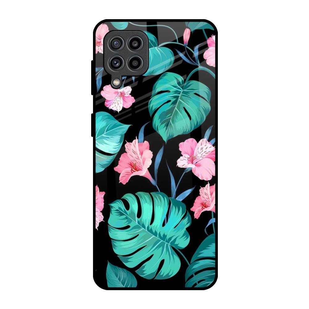 Tropical Leaves & Pink Flowers Samsung Galaxy M32 Glass Back Cover Online