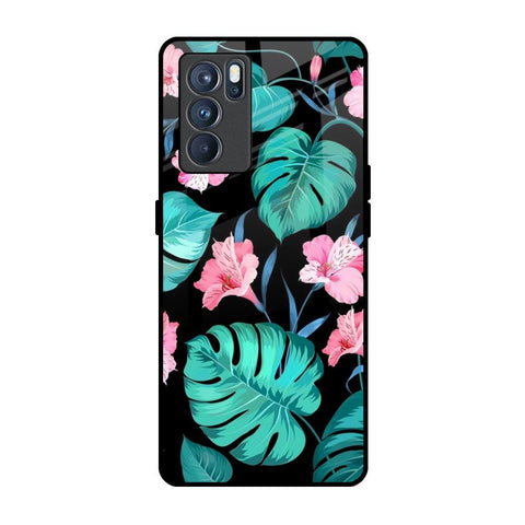 Tropical Leaves & Pink Flowers Oppo Reno6 Glass Back Cover Online