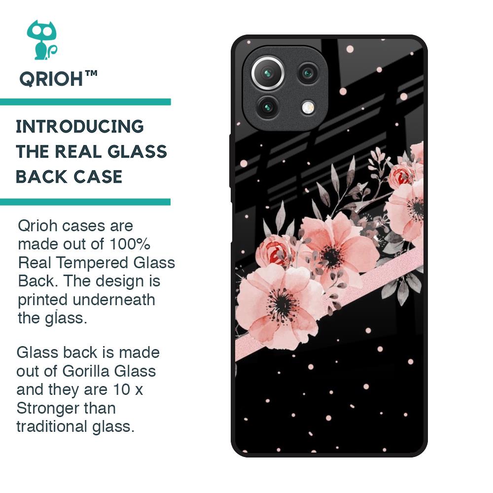 Floral Black Band Glass Case For Mi 11 Lite