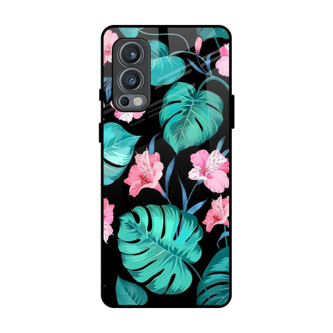 Tropical Leaves & Pink Flowers OnePlus Nord 2 Glass Back Cover Online
