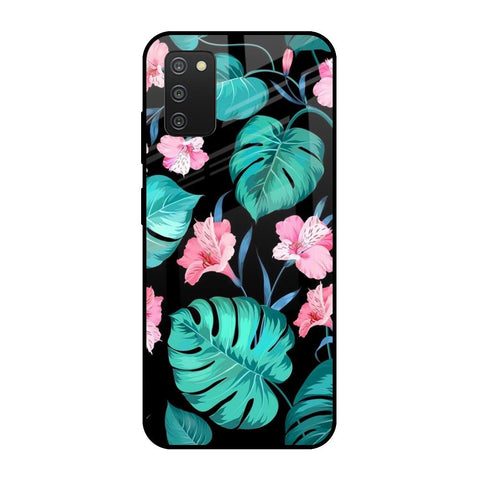 Tropical Leaves & Pink Flowers Samsung Galaxy A03s Glass Cases & Covers Online
