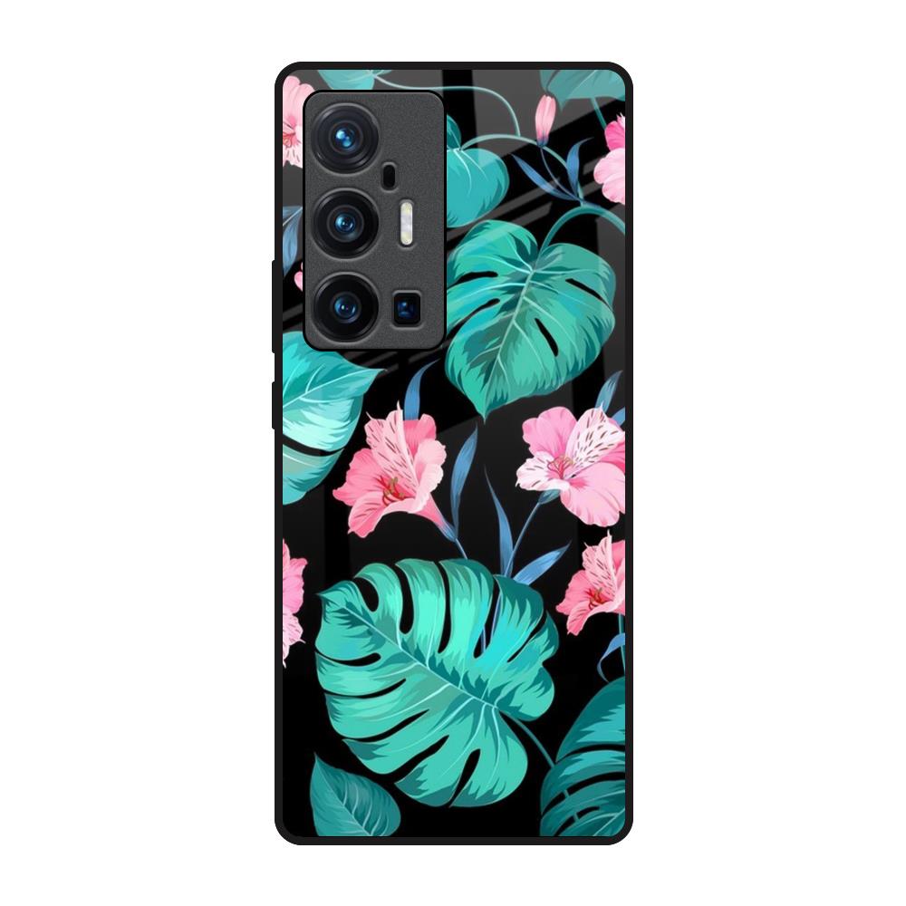 Tropical Leaves & Pink Flowers Vivo X70 Pro Plus Glass Back Cover Online
